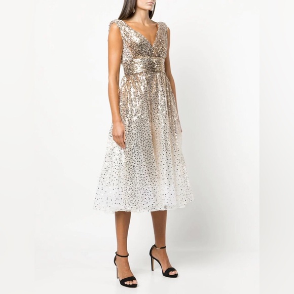 Gorgeous Sparkly Marchesa Notte Gold Sequin V Neck Midi Dress Size 4 NWT Luxury - Picture 2 of 9